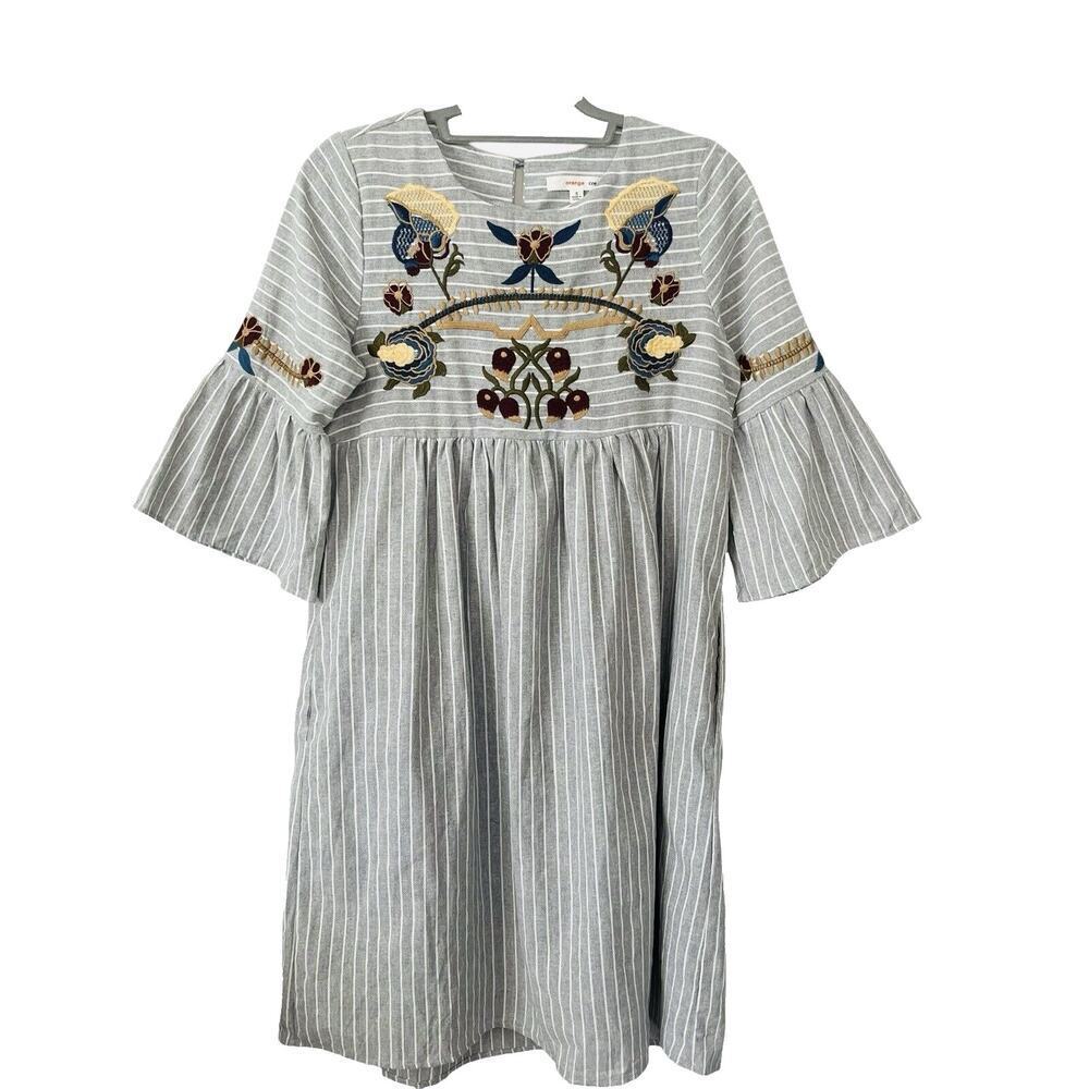Orange Creek Dress S Babydoll Embroidered Bell Sleeve Pockets Cotton Gray Stripe